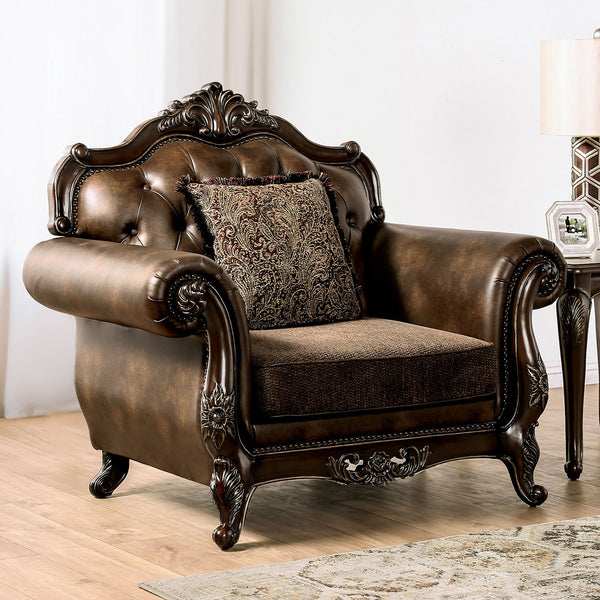 English Elm Traditional Carved Tufted Accent Chair with Rolled Arms, Nailhead Trim and Elegant Upholstery Brown,Cherry 35 L x 46 W x 33 H B2741P380810