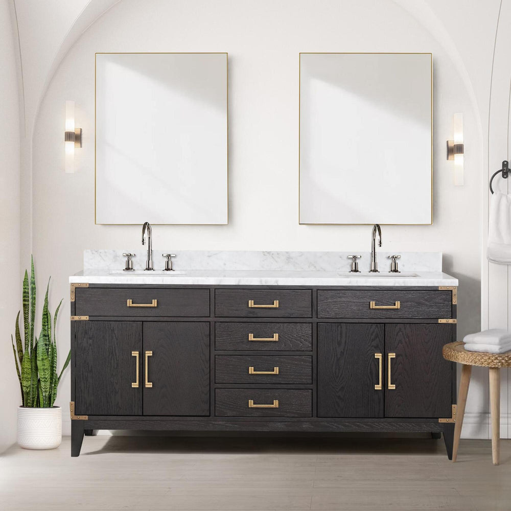 English Elm Black Oak Double Bath Vanity 72" W X 22" D With Luxurious Carrara Marble Top & Ample Storage Solutions B2731P260948