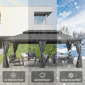 English Elm 14' X 20' Hardtop Gazebo – Stylish Metal Canopy With Drainage System, Privacy Curtains & Insect Netting W1859S00151