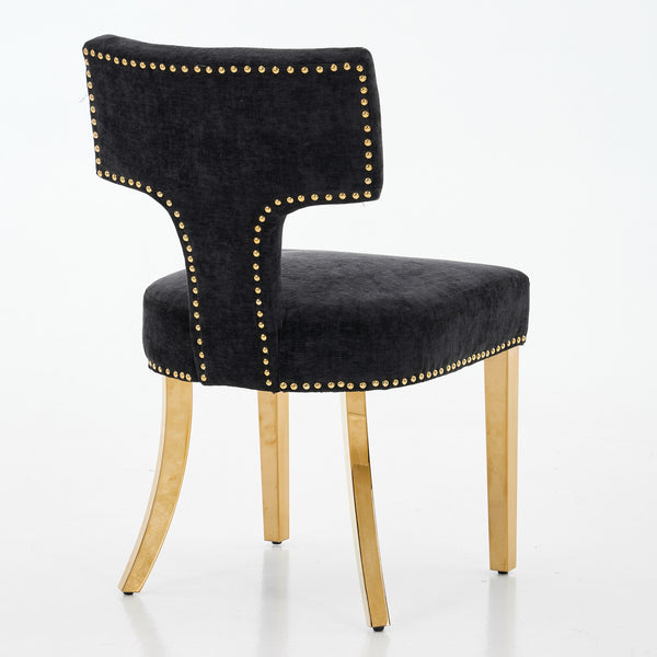 English Elm Mid Mid Century Modern Dining Chair Set with Curved Copper-Nail Backrest, High-Density Foam Seat, Brushed Stainless Legs Black W1143P314903