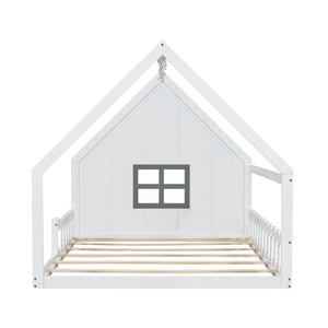 English Elm Full House Bed Frame with Window & Fence Playhouse Design, Sturdy Pine/MDF, Safe 400lb Capacity White N709P215545K