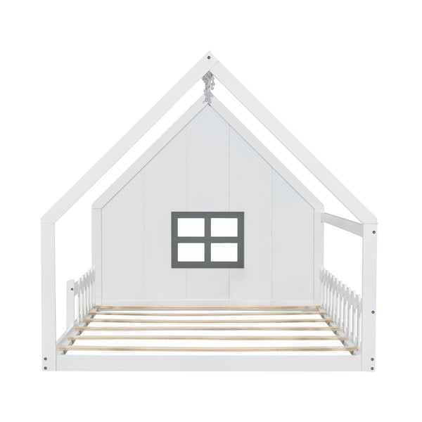 English Elm Full House Bed Frame with Window & Fence Playhouse Design, Sturdy Pine/MDF, Safe 400lb Capacity White N709P215545K