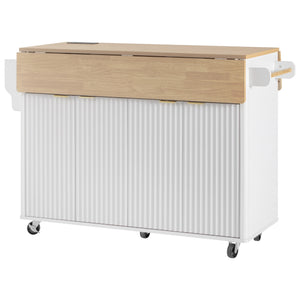 English Elm K&k Fluted Rolling Kitchen Island Faux Marble Top Power Outlet Storage Drawers White N707P353934W