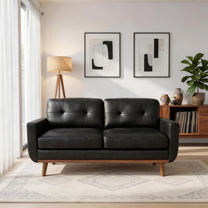 English Elm 65-inch Two Seat Sofa Breathable Foil Fabric Diamond Quilted Back Solid Wood Legs Black W5568P478823