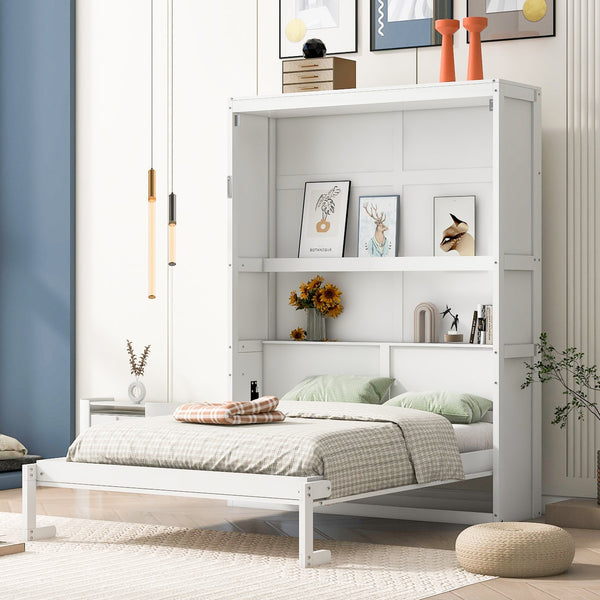 English Elm Full Size Murphy Wall Bed with Integrated Shelving for Studio or Guest Room Use LP000692AAK-2