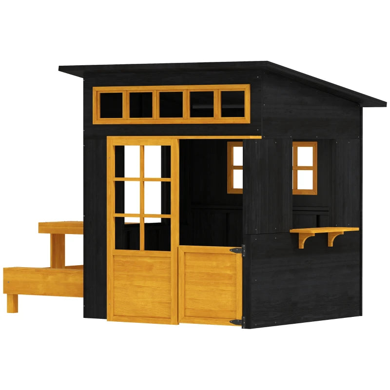 English Elm Wooden Fir Outdoor Kids Playhouse with Chalkboard Walls Built-in Table and Benches T3971S00200