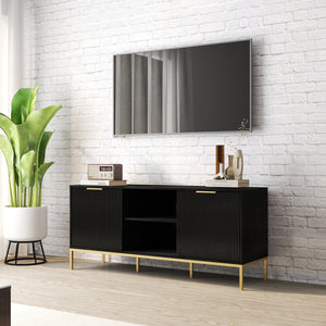 English Elm Modern Wave Door Media Console with Gold Legs Soft Close Hinges and Open Shelf W3151P407896