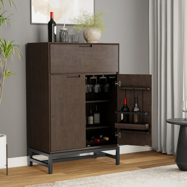 English Elm Banting Bar Cabinet Walnut Brown – Handcrafted Rubberwood & Metal Base, Wine Storage, Stemware Rack B136P362543