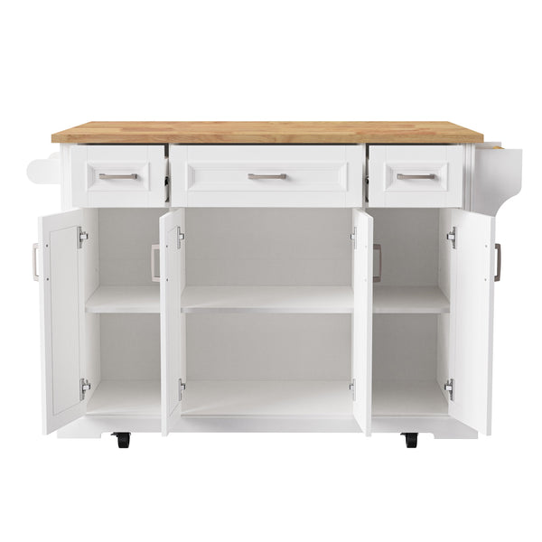 English Elm K&k Farmhouse Rolling Kitchen Island Rubberwood Drop Leaf 3 Drawers 4 Cabinet Doors White N707S195395W