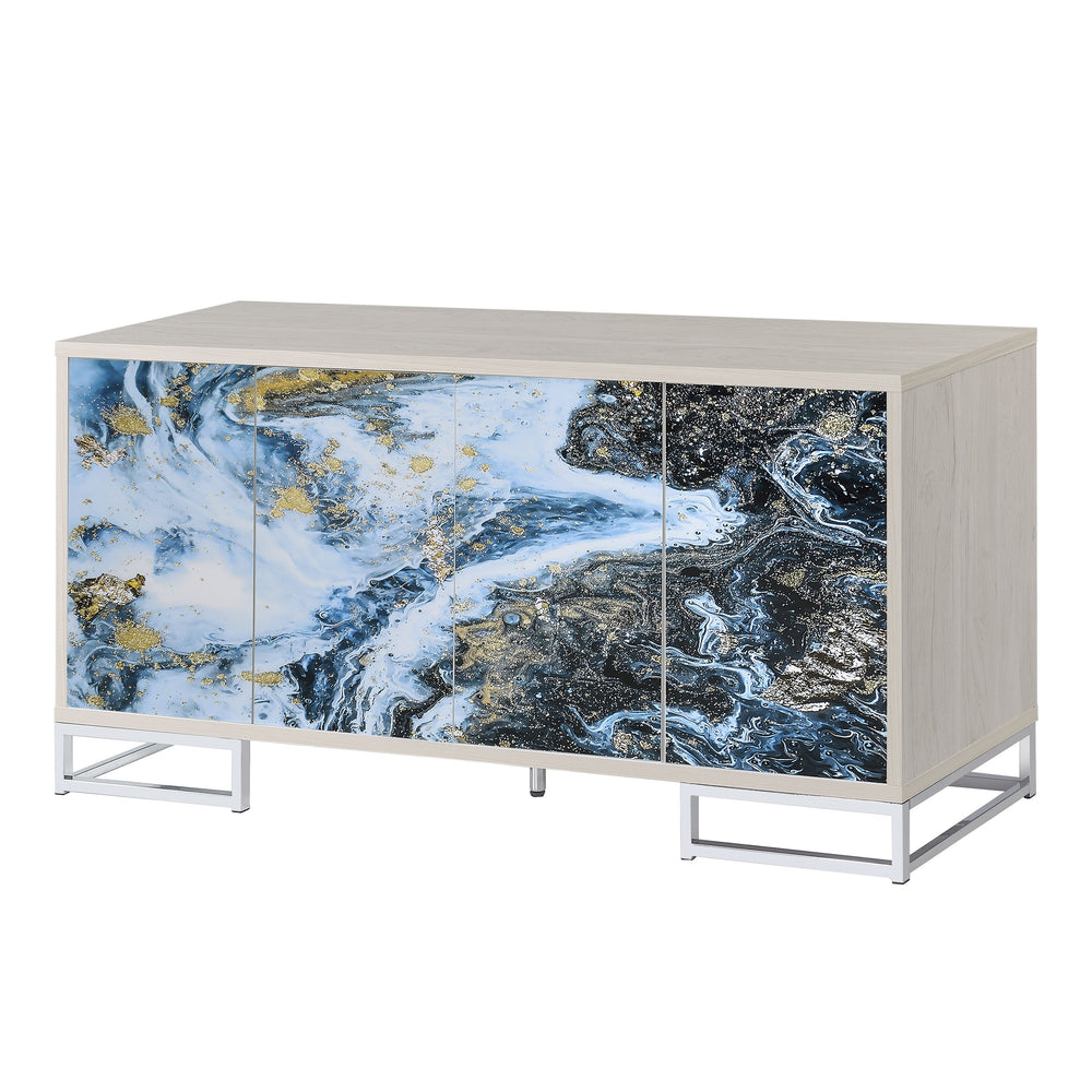 English Elm Liam Blue Marble & Gold Console Cabinet with White-Washed Oak, Chrome Base, 4-Door Storage, Shelves B2726P251795
