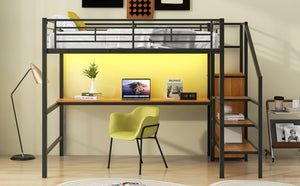 English Elm Full Size Metal Loft Bed With Desk, Storage Steps, Wardrobe, Led Light - Perfect For Small Spaces! GX000620AAB-1