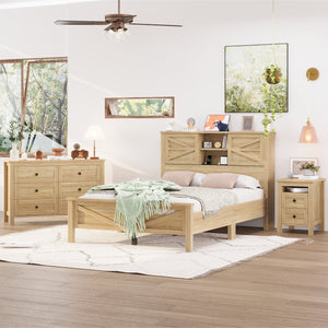 English Elm 3-Pieces Bedroom Set Full Size Farmhouse Platform Bed with Storage Headboard, Nightstand & Dresser Natural 59.25 L x 18.31 W x 8.27 H N733S369048M