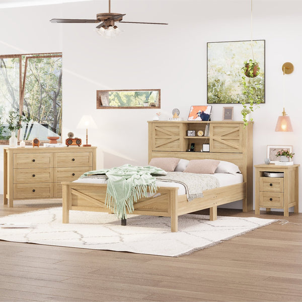 English Elm 3-Pieces Bedroom Set Full Size Farmhouse Platform Bed with Storage Headboard, Nightstand & Dresser Natural 59.25 L x 18.31 W x 8.27 H N733S369048M