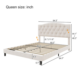 English Elm Upholstered Diamond-Tufted Platform Bed with Two-Position Adjustable Headboard and Sturdy Support Beige 65.71 L x 26.89 W x 4.88 H N701P342915B