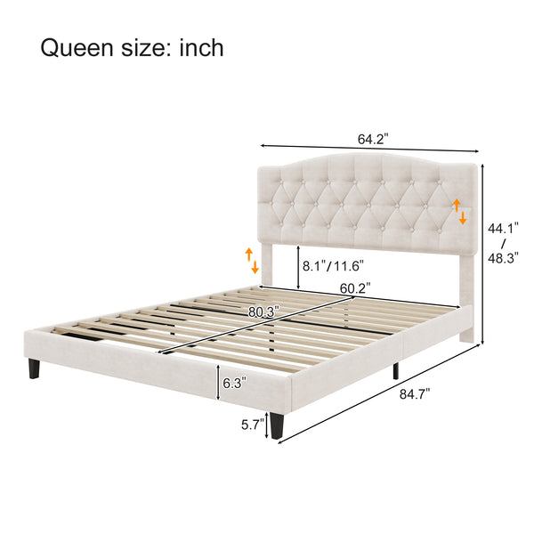 English Elm Upholstered Diamond-Tufted Platform Bed with Two-Position Adjustable Headboard and Sturdy Support Beige 65.71 L x 26.89 W x 4.88 H N701P342915B