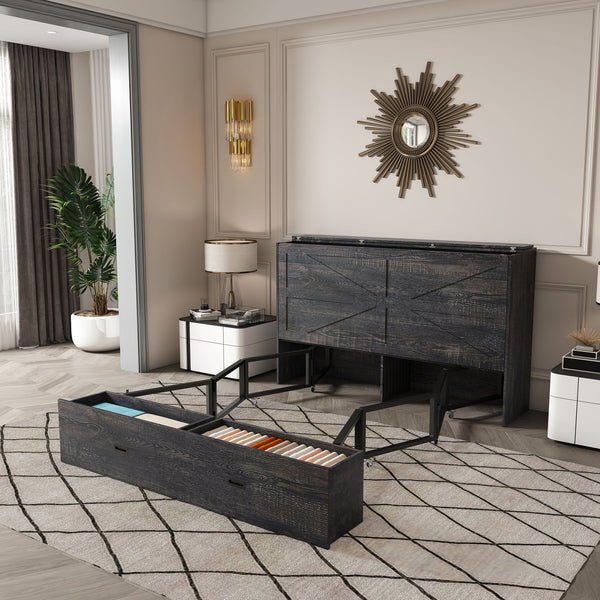English Elm 57 Inch Murphy Bed Cabinet with Storage Drawers Charging Station and Rolling Casters Carbon Black W509S00157