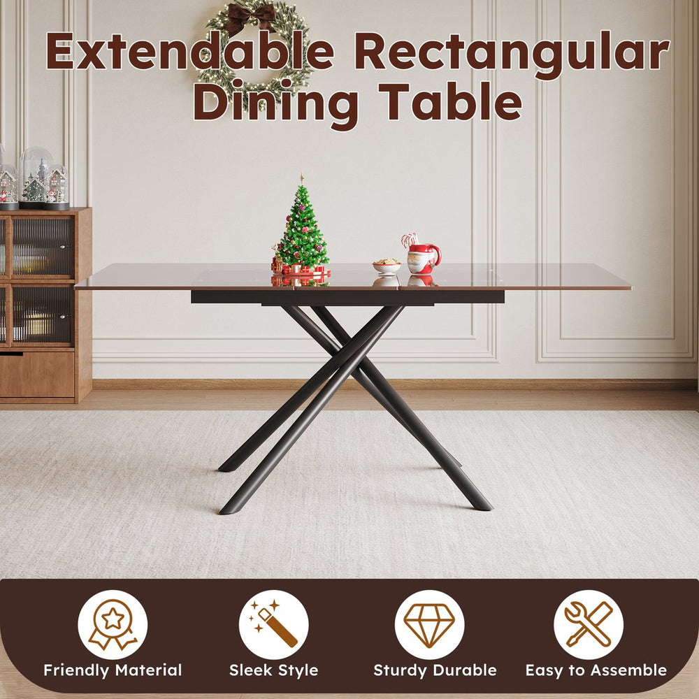 English Elm 59-inch Extendable Dining Table Black Glass Top Steel X-base Seats up to Six W2700P362085