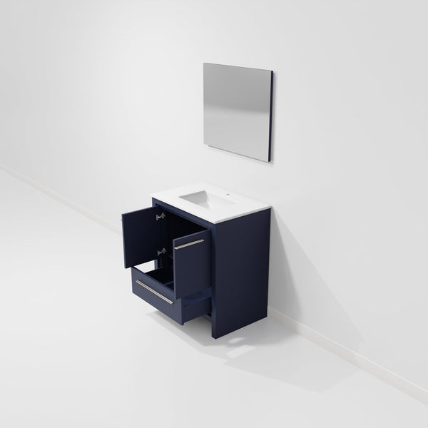English Elm Navy 30" Bath Vanity with White Quartz Top, Soft-Close Drawer, Mirror, Ample Storage, Durable Finish B2731S01479