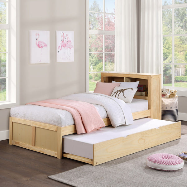 English Elm Modern Twin Platform Bed with Bookcase Headboard in Warm Natural Pine Wood Finish B011S02422