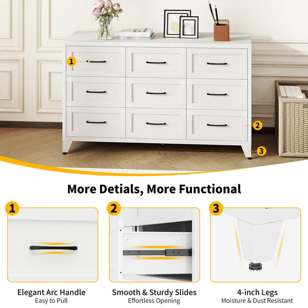 English Elm 9 Drawer Steel Dresser Low Profile White Powder Coated Frame Quiet Glide Bedroom Storage T2398P465982