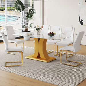 English Elm Table And Chair Set: Luxurious 71" Pandora Glass Dining Table With Gold Legs & 6 White Pu Chairs W1151S03227-GIGA