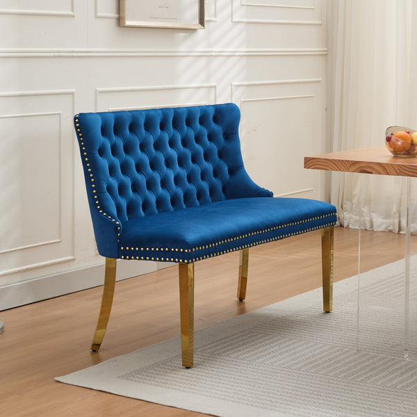 English Elm Velvet Wingback Dining Bench Tufted Two Seat Mid Century Modern Brushed Steel Base Blue W1143P406979