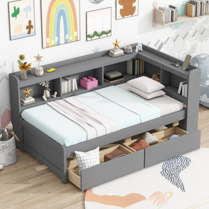 English Elm Twin Size L-Shaped Bookcase Bed With Usb Charging, Drawers, And Stylish Grey Finish For Modern Rooms W504S00218-GIGA