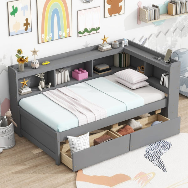English Elm Twin Size L-Shaped Bookcase Bed With Usb Charging, Drawers, And Stylish Grey Finish For Modern Rooms W504S00218-GIGA