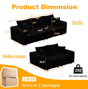 English Elm 82.7 Plush Corduroy 3-Seat Sofa – Modern Deep Seat Convertible Cloud Couch with Foam Pillows Black W1885S00145