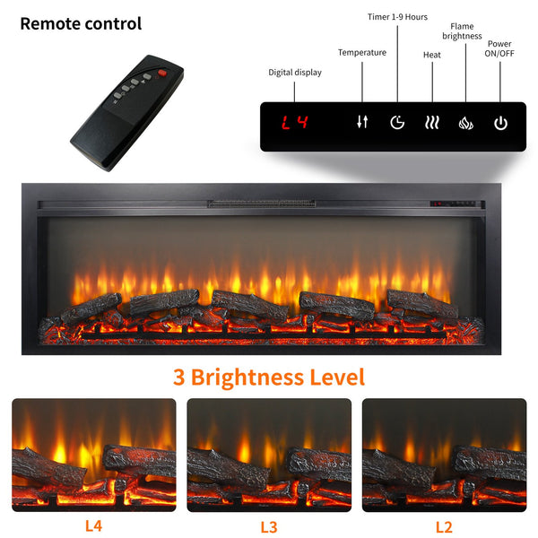 English Elm 54 Inch Recessed Electric Fireplace with Led Flame Display and Remote for Living Rooms W1769P415223