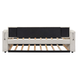 English Elm Twin Upholstery Daybed with Trundle, Storage Arms & USB Charging, Beige Linen, Durable Pine Frame SM000547AAA