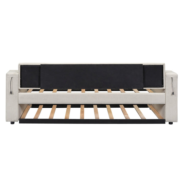 English Elm Twin Upholstery Daybed with Trundle, Storage Arms & USB Charging, Beige Linen, Durable Pine Frame SM000547AAA