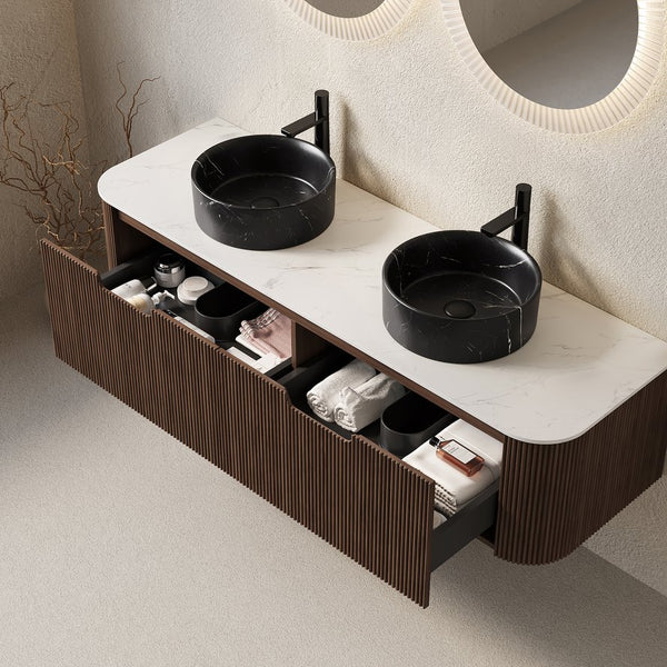 English Elm Dina 60 Inch Floating Bathroom Vanity Sintered Stone Top Dual Glass Basins Wood Grain Black,Carrara White,Walnut W2615S00714