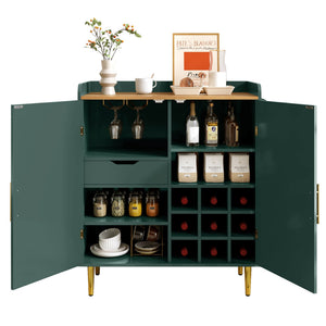 English Elm Modern Fluted Bar Cabinet with Wine Rack Glass Holders Adjustable Shelving and Hidden Drawer Green N728P438606G