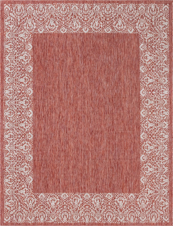 Unique Loom Outdoor Border Floral Border Machine Made Floral Rug Rust Red, Ivory 9' 0" x 12' 0"
