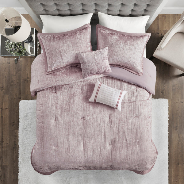 English Elm 5 Piece Crinkle Velvet Comforter Set King/Cal King Luxe Glam Crushed Pleat Charmeuse Trim, Hypoallergenic Filling Blush 19.29 L x 23.62 W x 11.02 H B035P148353