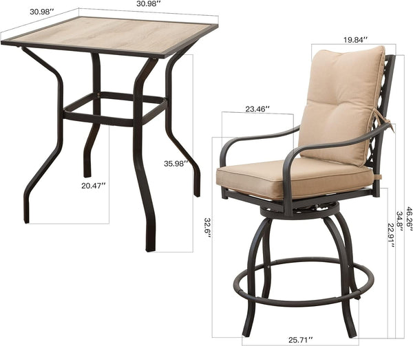 English Elm Outdoor Living 3-Piece Patio Bar Set With Swivel Stools, Cushions & Durable Table For Garden Fun W1859S00096