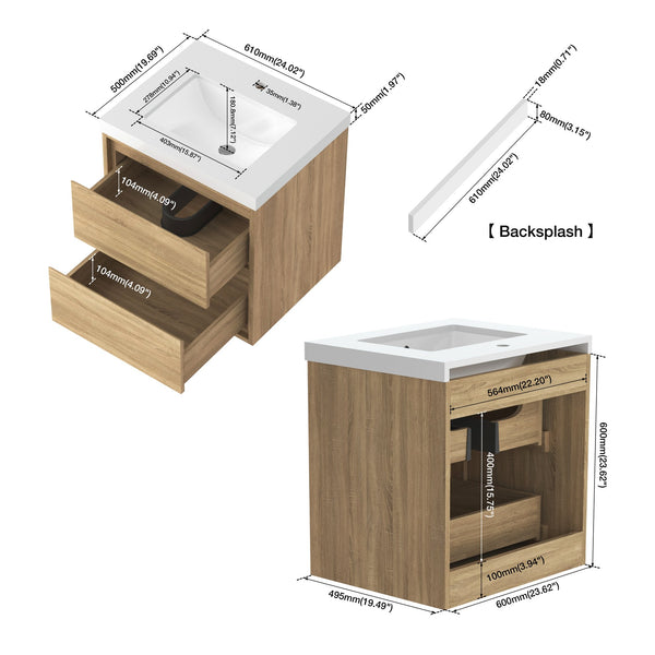 English Elm 24.02"*19.69''*25.59'' Floating Vanity Cabinet White Stone Top Ceramic Sink Modern Bath T3785S00015