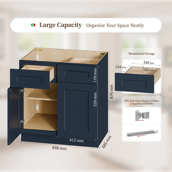 English Elm 33" Navy Shaker Base Cabinet Solid Wood Soft-close Drawers Carb P2 Kitchen Storage T2950P490394