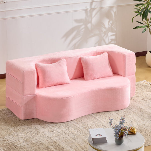 English Elm 71-inch plush folding sofa bed with high-density foam, faux fur futon convertible for guests and yoga Pink W1829P362300