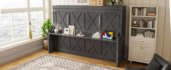 English Elm Full Murphy Bed with Fold Down Desk Led Lighting and Usb Port for Studio Spaces Dark Gray W1580S00455