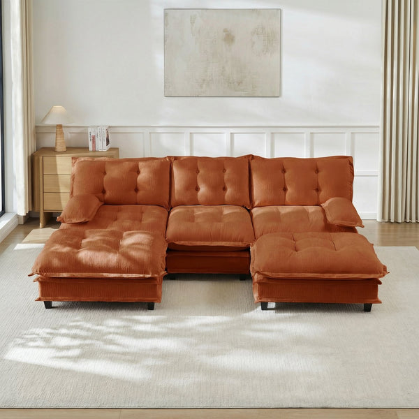 English Elm 107" U Shaped Chenille Sectional Cloud Sofa with Ottomans Deep Seat Modular Living Room Orange W714S01739