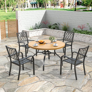 English Elm 5-piece Outdoor Round Dining Set Wood-grain Slat Table Stackable Steel Chairs Garden Black+Natural W3979S00022