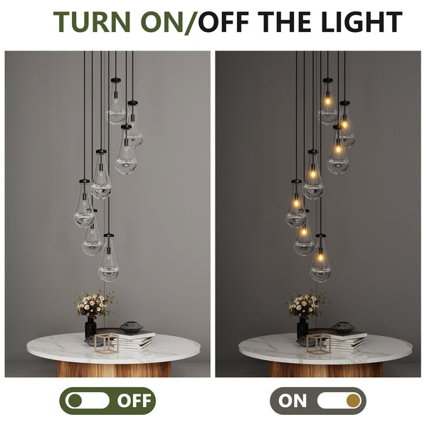 English Elm 7 Modern 7-Light Raindrop Chandelier with Adjustable Hanging Rope, Brushed Glass Shades for Dining Black W1340P316386