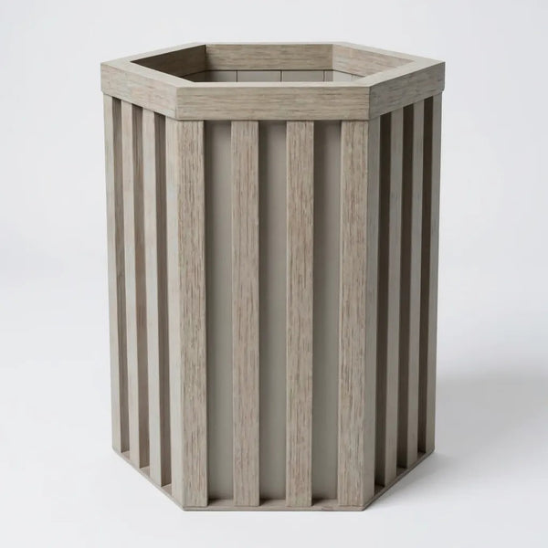 English Elm Hexagon Column Aluminum Planter Geometric Outdoor Pot with Wood Tone Powder Coat Finish Brown Grey B2755P462182