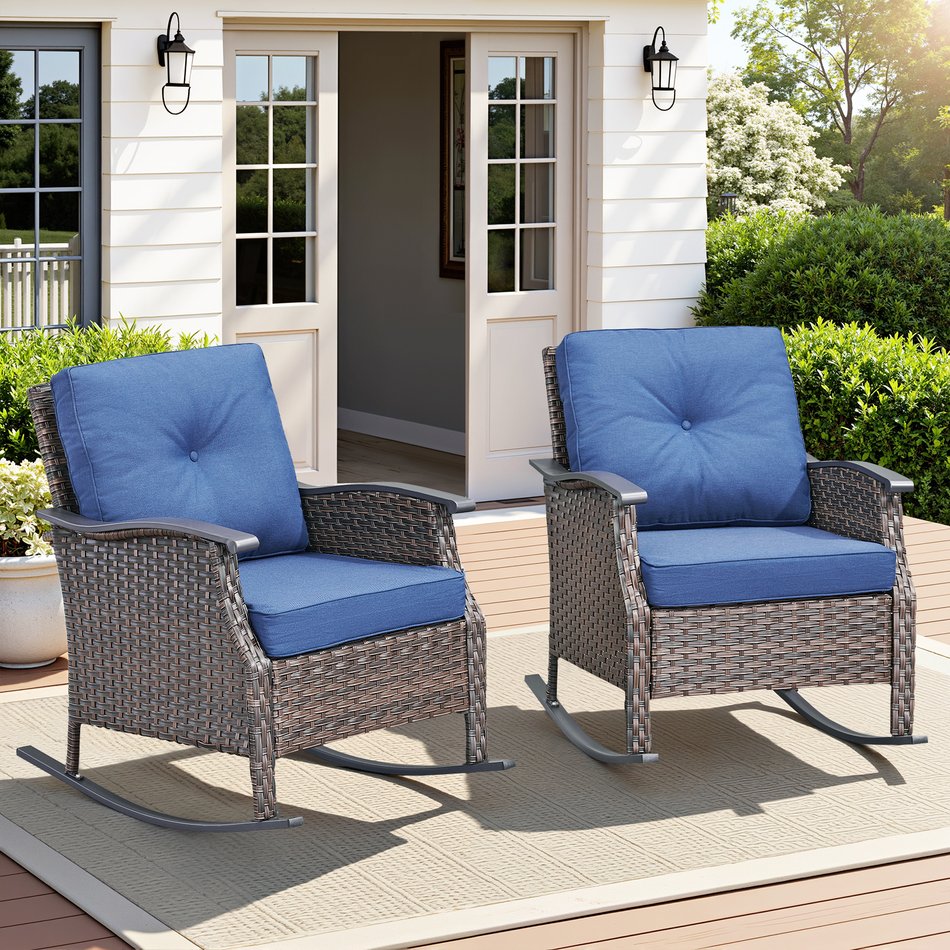 English Elm Outdoor Pe Rattan Gliding Patio Chair Set Handwoven Steel Frame with Plush Cushions Blue T3773S00018