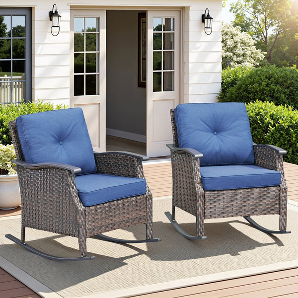 English Elm Outdoor Pe Rattan Gliding Patio Chair Set Handwoven Steel Frame with Plush Cushions Blue T3773S00018