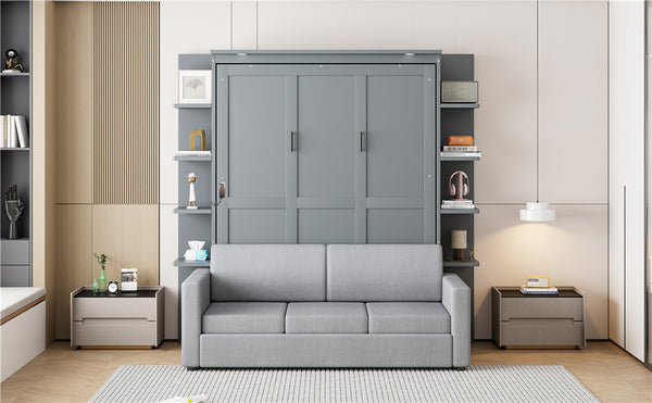 English Elm Queen Murphy Bed with Integrated Sofa Space Saving Fold Down Cabinet for Studio Living Gray LP000591AAE-2