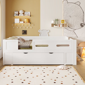 English Elm Wood Twin Platform Bed for Kids with Fence Guardrail and Under Storage Drawer White N709P385777K