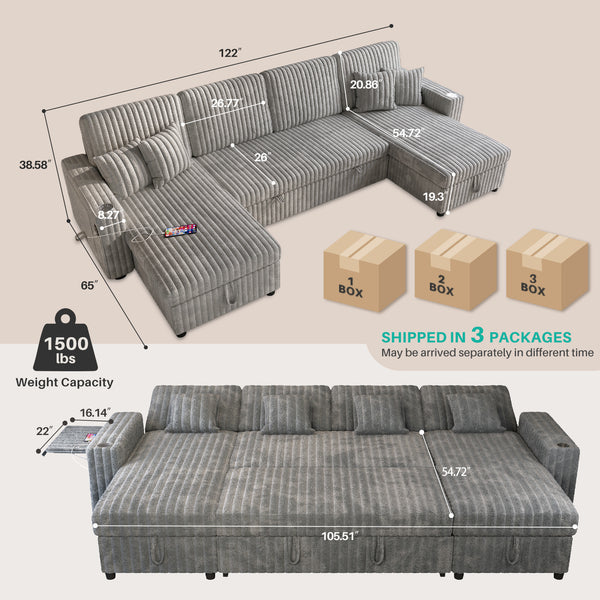 English Elm U Shaped Sectional Sleeper Sofa Corduroy Upholstered Pull Out Bed with Storage Chaise Gray W1825S00031